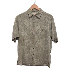 Island Republic Mens M Silk Hawaiian Shirt Olive Green Floral Hibiscus Button Up